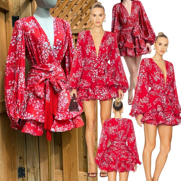 🆕 BRONX & BANCO 🧿 NWOT Bedouin Red Floral Ruffle Tiered Mini Dress, Sz L US 8 - Picture 1 of 17